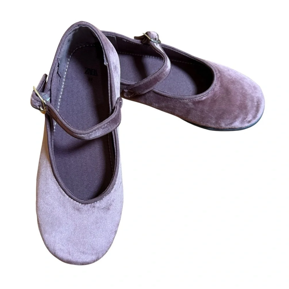 ZARA Girls Purple Velvet Mary Jane Flats Buckle Dress Shoes EU 32 US 1–2